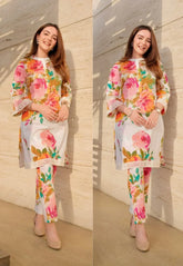 Floral Printed Knee Length Madrian Collar Neck Rayon Co-ords Set For Women-HFXMA-K111-WHITE